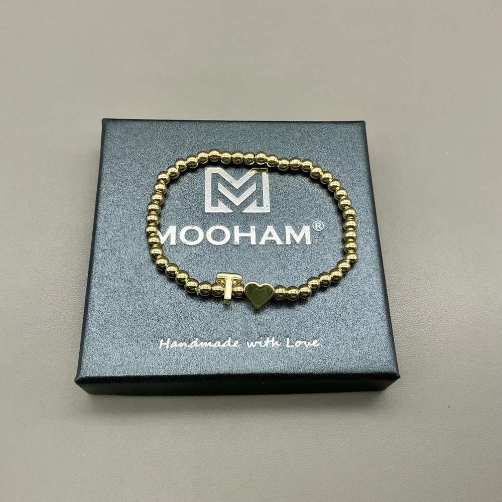 MOOHAM Initial Bracelet Women Gold Beaded Stretch Heart Charm Letter T Jewelry